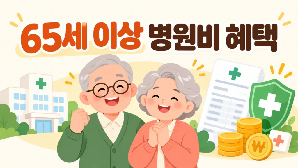 65세 이상 병원비 혜택과 건강보험을 안내하는 노부부 일러스트
